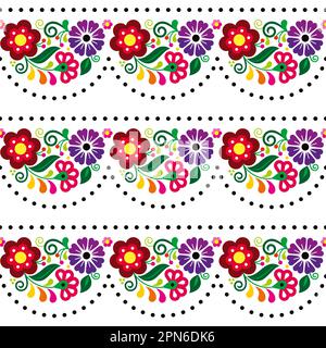 Mexican floral seamless vector pattern with, retro textile or fabric print design inspired by traditional embroidery crafts from Mexico Stock Vector