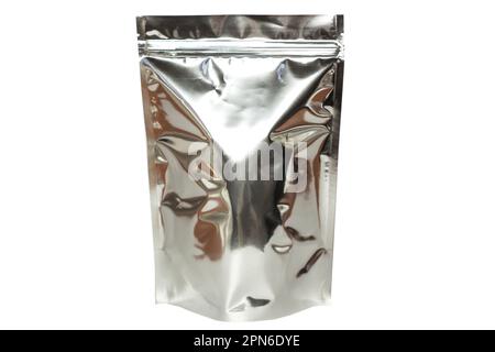 Blank silver foil pouch bag isolated on white background. Packaging template mockup collection with clipping path included. Aluminium metallic coffee Stock Photo