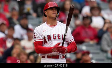 Baseball: Nationals vs. Angels Logan O Hoppe of the Los Angeles Angels  celebrates with a samurai