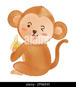 Monkey is eating banana . Watercolor paint design . Cute animal cartoon character . Vector . Stock Vector