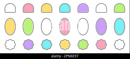 Stitch sticker design set. Abstract graphic patch. Modern element label badge for colorful packaging. Geometric form and frame different shapes Stock Vector