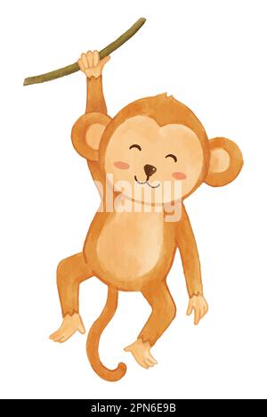 Monkey is swinging on vine . Watercolor paint design . Cute animal cartoon character . Vector . Stock Vector