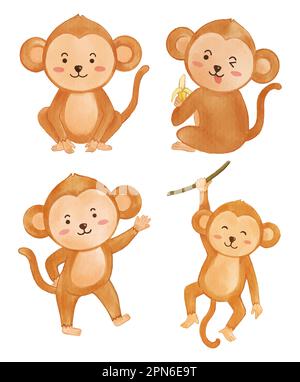 Monkey . Watercolor painting design . Set of cute animals cartoon characters . Vector . Stock Vector