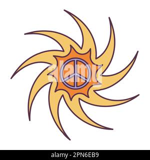 Retro 70s Groovy Hippie sticker peace symbol into sun. Psychedelic cartoon element -funky illustration in vintage hippy style. Vector flat Stock Vector