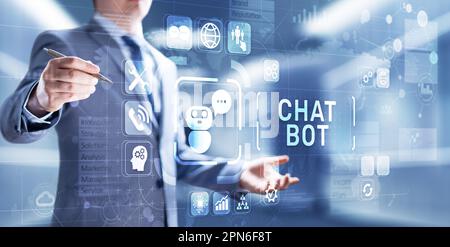 Chatbot computer program designed for conversation with human users over the Internet. Support and customer service automation technology concept. Stock Photo