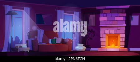 Night living room interior with fireplace and sofa in house cartoon illustration. Home modern design with magic moonlight sparkle from window. Mysterious cozy scandinavian lounge apartment decor. Stock Vector
