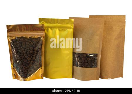Brown kraft paper and golden metallized foil pouch bags front view isolated on a white background. Packaging for foods and goods, mock-up. Packs with Stock Photo
