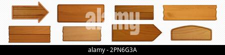 Vector wooden game signboard texture banner set. Wood material plank frame ui label on transparent background. Rustic blank arrow element and sign board for advertising or button design collection. Stock Vector