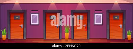 Hotel hallway corridor with apartment room door in building. Lobby interior with closed bedroom with lamp and light in motel aisle. Hostel or condominium illustration. Modern college campus design Stock Vector