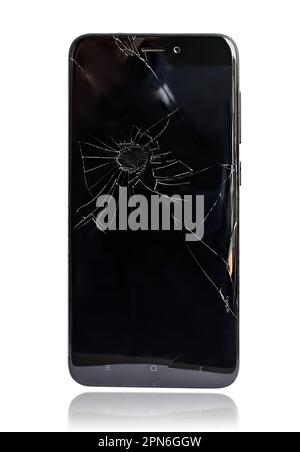 Close-up of a smartphone with a broken display, isolated on a white background Stock Photo