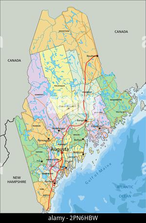 Maine - Highly detailed editable political map with labeling. Stock Vector