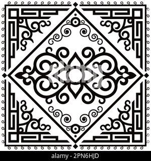 Oriental vector black and white square pattern inspired by folk art from Monogolia and Central Asia, traditional decor with swirls and flowers Stock Vector