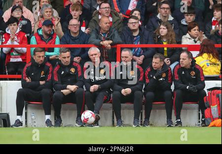 Nottingham, UK. 16th Apr, 2023. Manchester United coaching and medical staff during the Premier League match at the City Ground, Nottingham. Picture credit should read: Simon Bellis/Sportimage Credit: Sportimage/Alamy Live News Stock Photo