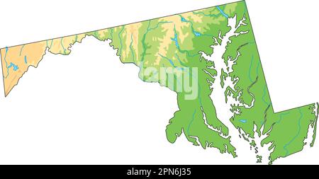 High Detailed Maryland Physical Map With Labeling Stock Vector Image   High Detailed Maryland Physical Map 2pn6j35 