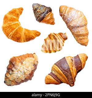 Set of various croissants isolated on white background, flat lay picture Stock Photo