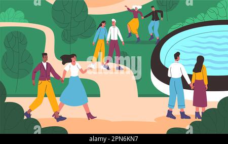 Couples walk together in park. Lovers spend time in nature. Persons in romantic relationship. Outdoor fun holiday. Beloved men and women. People Stock Vector