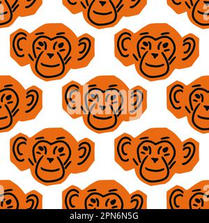 Seamless pattern with Monkey head illustration in minimalist cutting style on white background Stock Vector