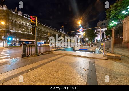 Metro exit banco de Espana in Madrid illuminated at night Stock Photo