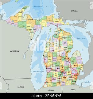 Michigan - Highly detailed editable political map with labeling. Stock Vector