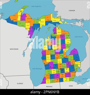 Colorful Michigan political map with clearly labeled, separated layers. Vector illustration. Stock Vector