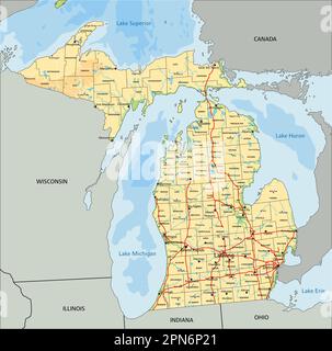 High detailed Michigan physical map with labeling. Stock Vector