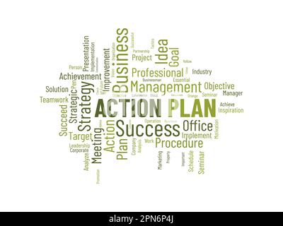 Word cloud background concept for Action Plan. Business idea solution strategy implement concept. vector illustration. Stock Vector