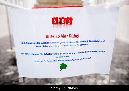 Oldenburg, Germany. 17th Apr, 2023. A barrier indicating the quiet to be maintained in the corridors stands in front of a staircase at the Graf-Anton-Günther-Schule (GAG) during the written Abitur exams in history. In Lower Saxony, the final examinations for the Abitur class of 2023 will begin. The written examinations in various subjects will be written until 09.05.2023. Credit: Hauke-Christian Dittrich/dpa/Alamy Live News Stock Photo