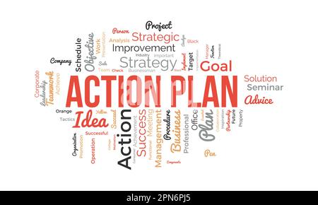 Word cloud background concept for Action Plan. Business idea solution strategy implement concept. vector illustration. Stock Vector