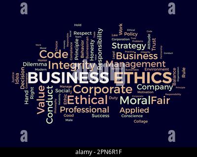 Word cloud background concept for Business Ethics. Corporate integrity, Company principle moral trust of responsibility value. vector illustration. Stock Vector