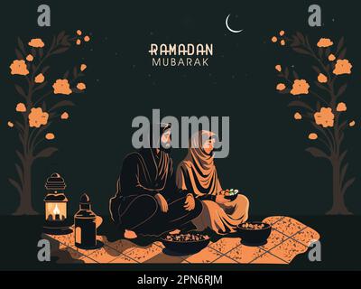 Ramadan Mubarak Greeting Card With Muslim Couple Character Enjoying Delicious Food On Crescent Moon Night Background. Stock Vector