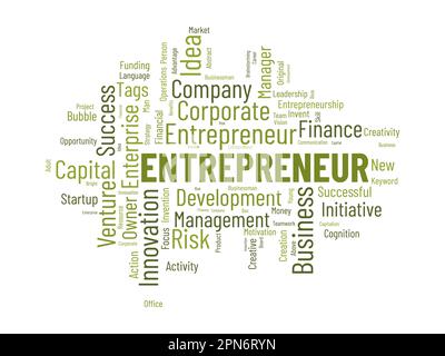 Word cloud background concept for Entrepreneur. Business management, finance success and creative development, startup vision of leadership idea. vect Stock Vector