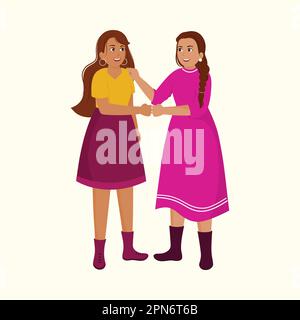 Young Girls Characters Bumping Their Fists Together On Beige Background. Stock Vector