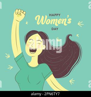 Happy Women's Day Concept With Cheerful Young Girl Character Raising Fist On Turquoise Background. Stock Vector