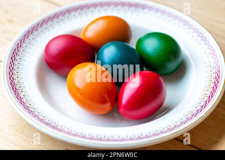 Dyed hens eggs to celebrate Easter Stock Photo