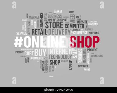 Word cloud background concept for Online shop. Growth your retail or e-commerce business with digital online marketing system. vector illustration. Stock Vector