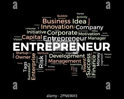 Word cloud background concept for Entrepreneur. Business management, finance success and creative development, startup vision of leadership idea. vect Stock Vector