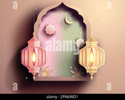 Origami Paper Lit Lamps Hang With Golden Crescent Moon, Stars And Flowers Inside Arch Shape On Gradient Background. Stock Vector