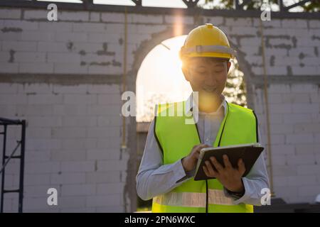 Happy Asian smiling in engineering uniform at construction site while holding a tablet. Young professional foreman working on structure building at workplace - with copy space Stock Photo