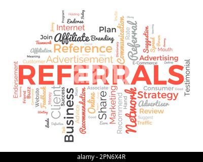 Word cloud background concept for Referrals. Business affiliate suggestion strategy for traffic network advertising. vector illustration. Stock Vector