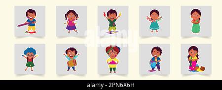 Sticker Style Cheerful Indian Kids or People Celebrating Holi Festival. Stock Vector