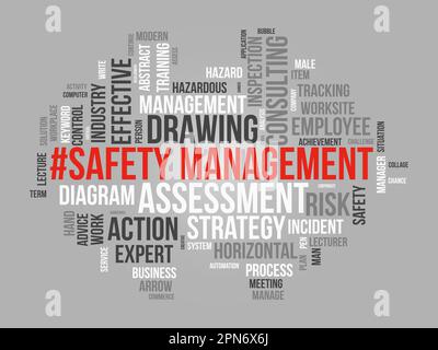 Word cloud background concept for Safety management. Strategic consulting diagram for effective business inspection. vector illustration. Stock Vector