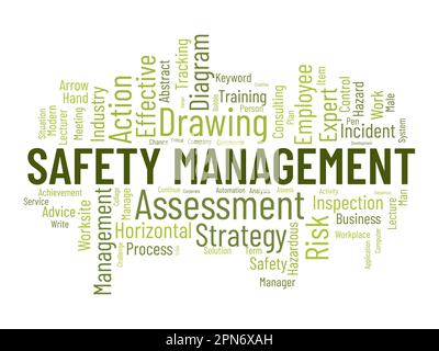 Word cloud background concept for Safety management. Strategic consulting diagram for effective business inspection. vector illustration. Stock Vector