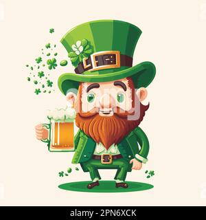 Cartoon Leprechaun Man Character Holding Beer Mug And Shamrock Leaves. St. Patrick's Day Concept. Stock Vector