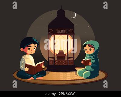 Muslim Couple Kids Characters Reading Religious Book With Burning Lantern At Crescent Moon Night. Islamic Festival Of Eid Or Ramadan Concept. Stock Vector