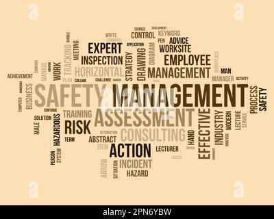 Word cloud background concept for Safety management. Strategic consulting diagram for effective business inspection. vector illustration. Stock Vector