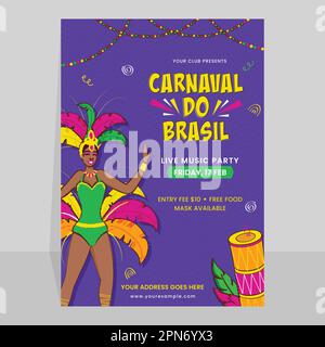 Carnival of Brazil (Carnaval Do Brasil) Invitation Card With Female Samba Dancer Character And Venue Details. Stock Vector