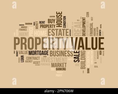 Word cloud background concept for Property value. Investment business, financial loan mortgage, housing evaluation of property business. vector illust Stock Vector
