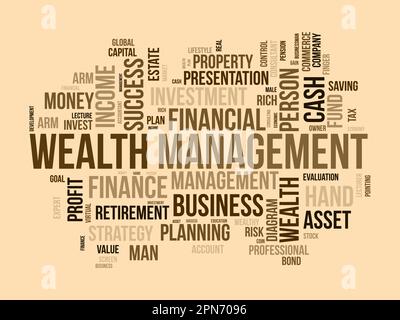 Word cloud background concept for Wealth management. Financial investment, income plan strategy of profit management. vector illustration. Stock Vector