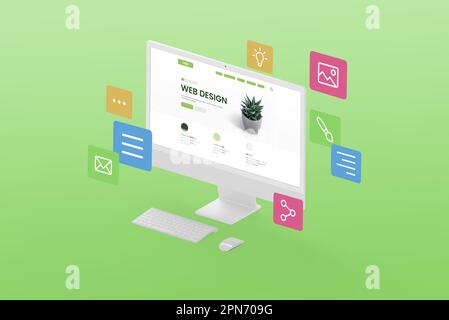 Designing a creative website concept. Display in isometric position with web page modules flying around the display on a green background Stock Photo