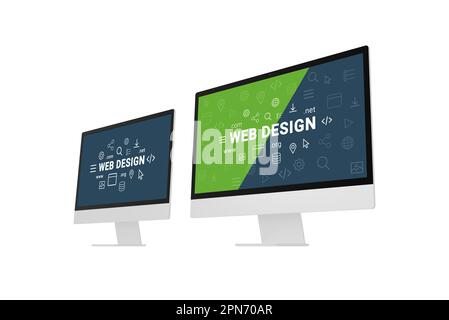 Web design studio concept with two computer displays and web design inscriptions and icons on them. Isolated on white Stock Photo